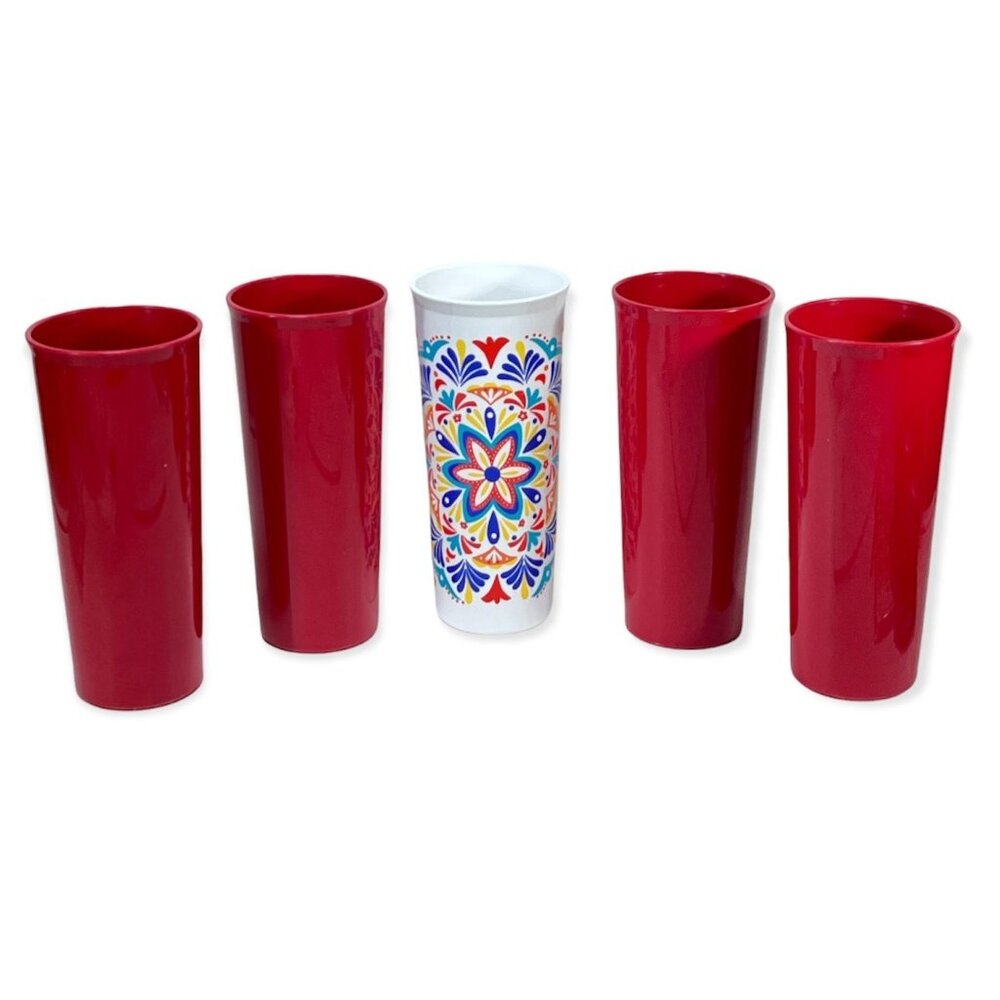 Tupperware 5-Piece 16 Oz Tumbler Set With Colorful Pattern & Red Plastic Cups